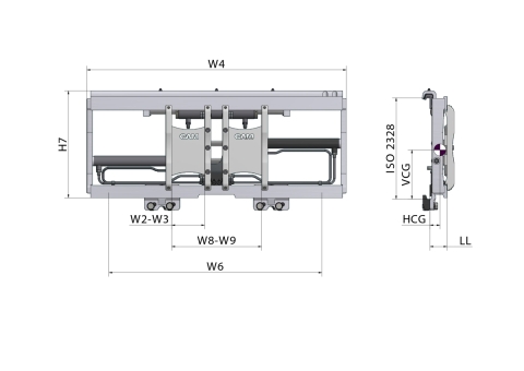 Posicionadores de garfos com quadro de porta-garfos FEM com deslocamento lateral (PH-T)