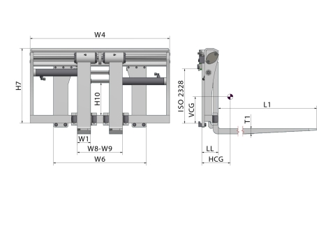 Posicionadores de garfos com garfos tipo pino e deslocamento lateral integrado (PJ-T)