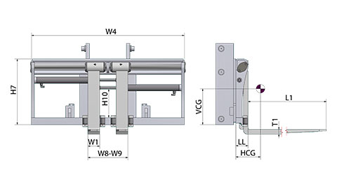 Positionneurs de fourches intégrés avec fourches à œil et déplacement latéral intégré (PJI-T)